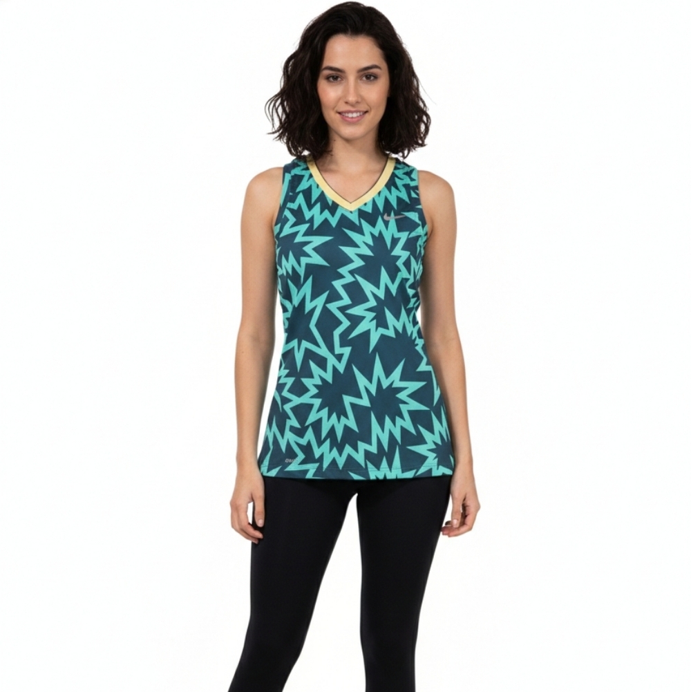 Nike Pro women's green Dri-FIT V-neck fitted tank top with a Kapow print Small